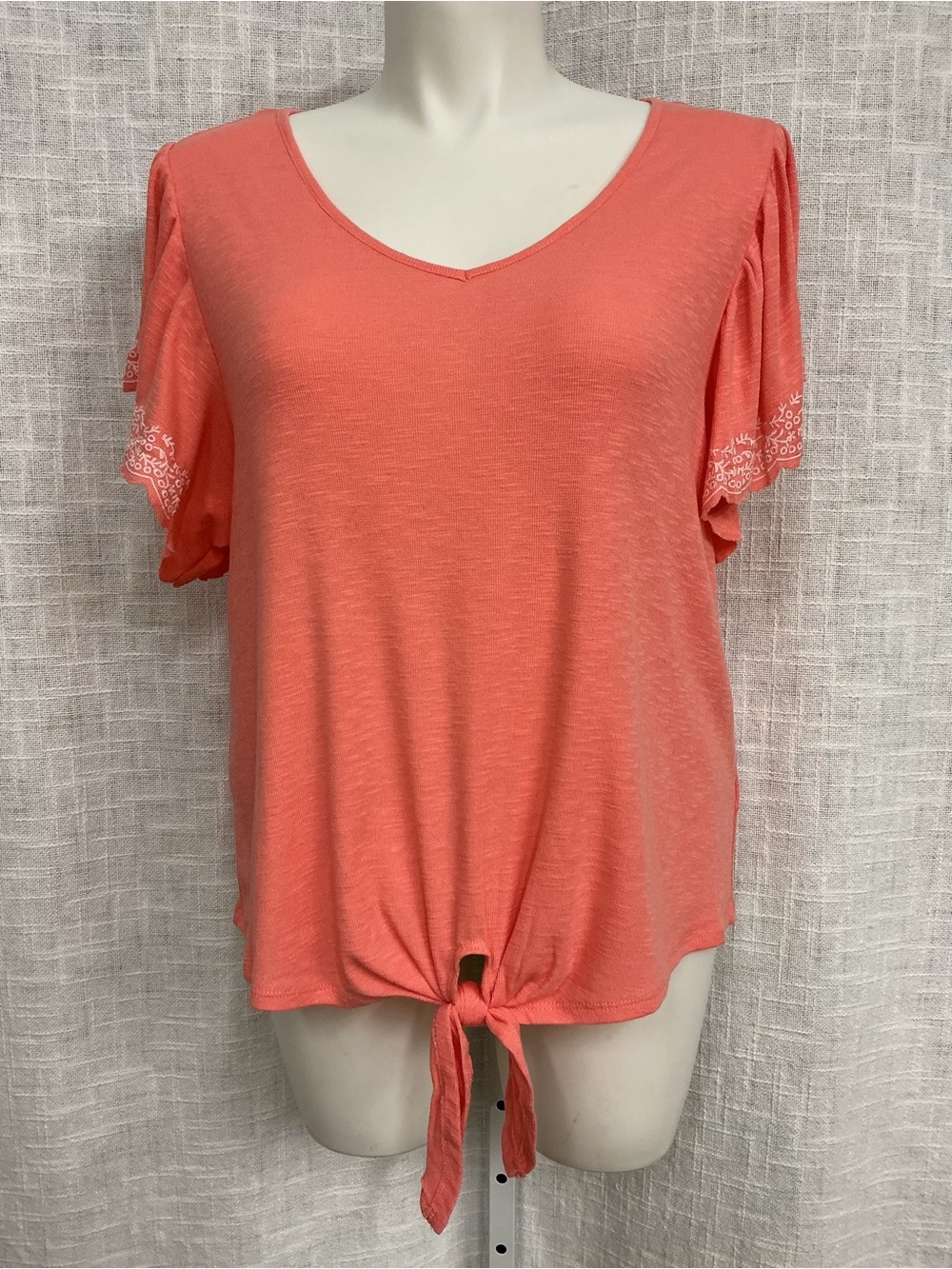True Craft Peach Tie-Front V-Neck Tee with Embroidered Sleeves